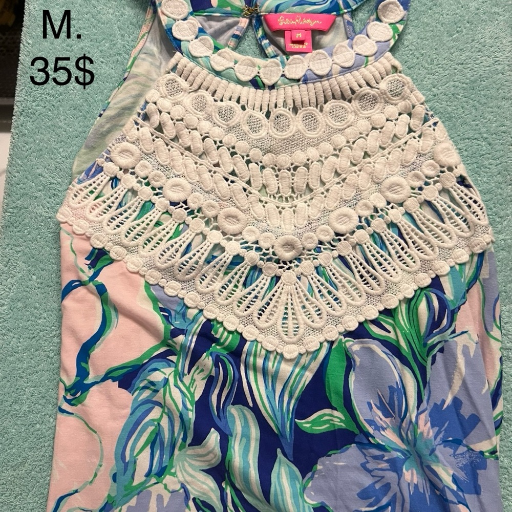 Lilly Pulitzer Blue and Green Floral Dress with Crochet Detail